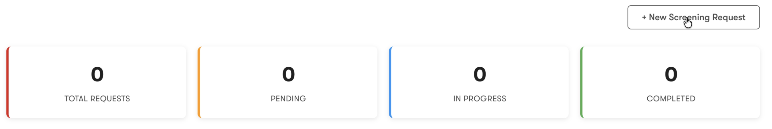 Empty Domu screening dashboard with the New Screening Request button