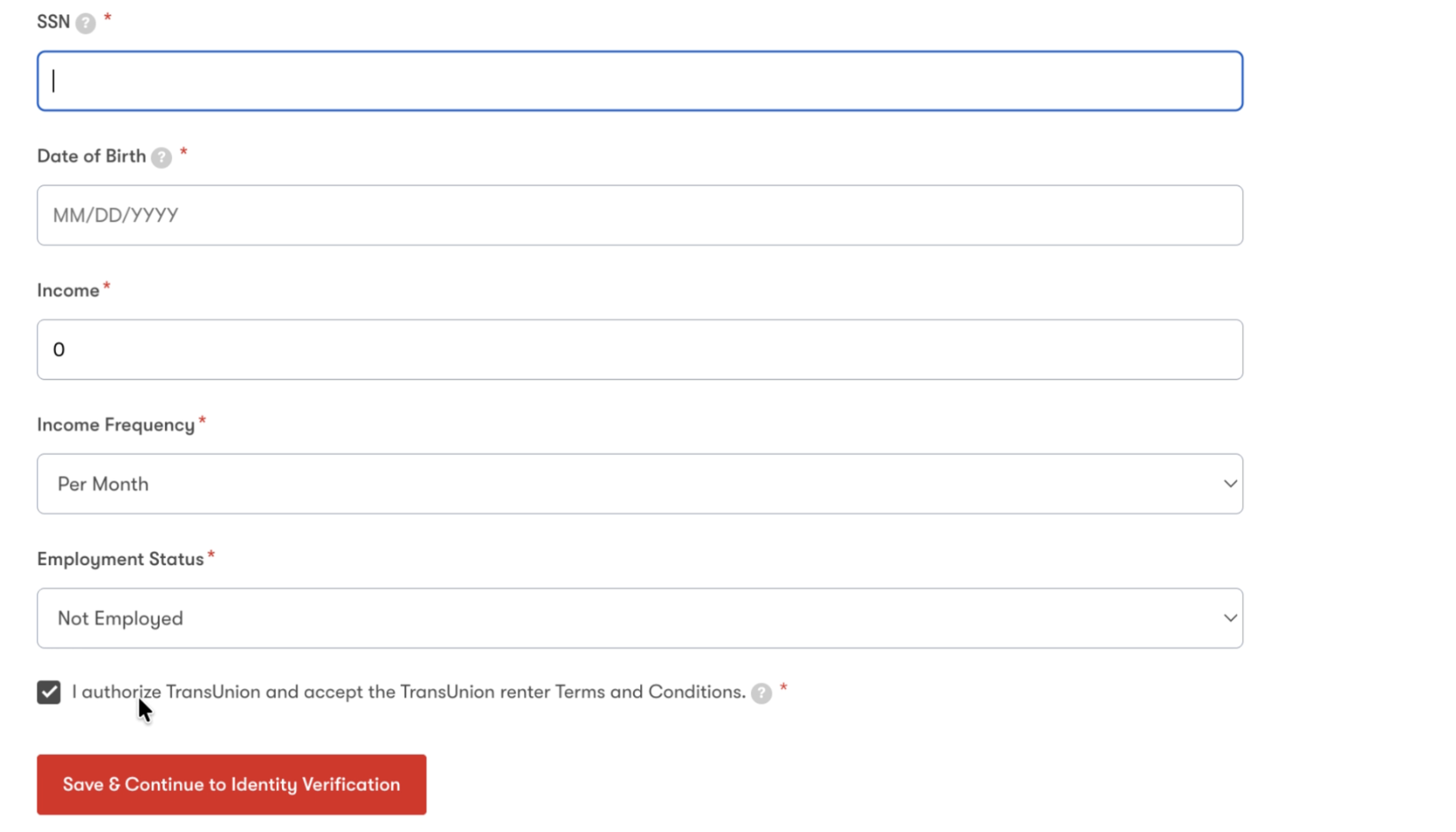 completing transunion retnal profile form field
