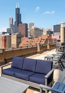 rooftop deck in South Loop apartment building with view of Willis Tower in Chicago