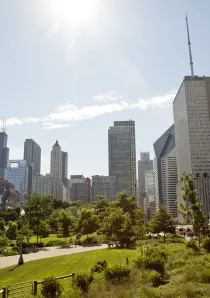 buildings in Chicago skyline seen from Maggie Daley Park in Lakeshore East neighborhood