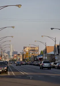 view of a Chicago street looking east towards downtown in the Avondale neighborhood