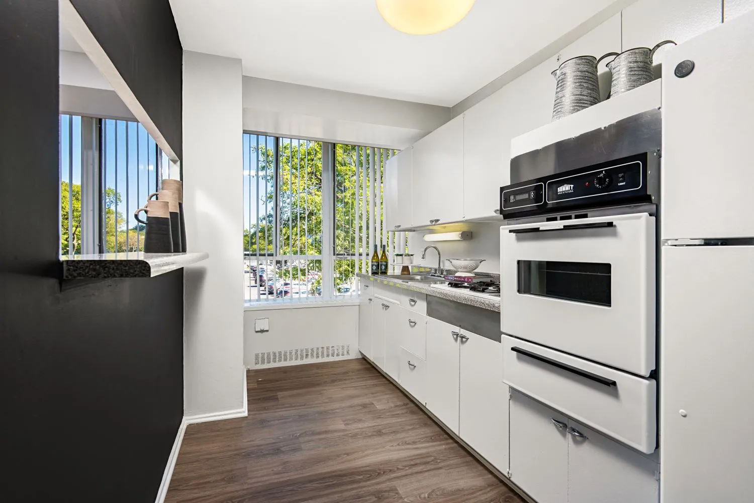 trees in front of the glass Lake Meadows Apartments in Bronzeville Chicago