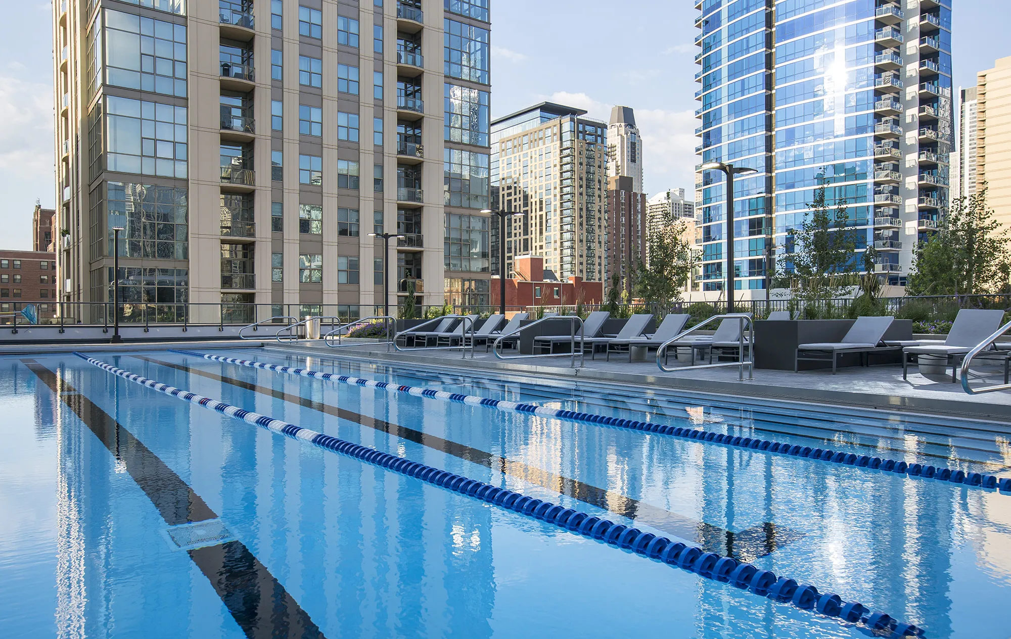 Exhibit on Superior Apartments in River North Chicago pan shot wide bedroom