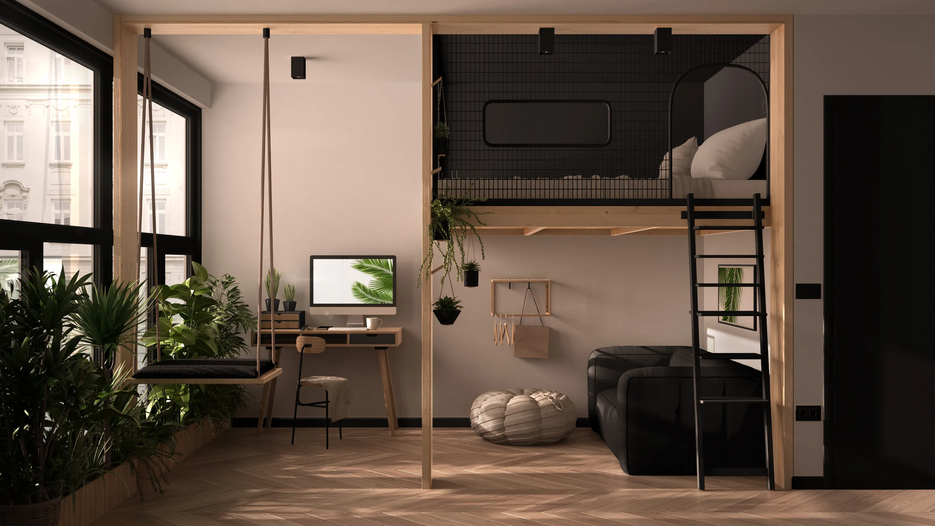 studio apartment in Chicago with a loft bed, plant on floor and looking towards a window