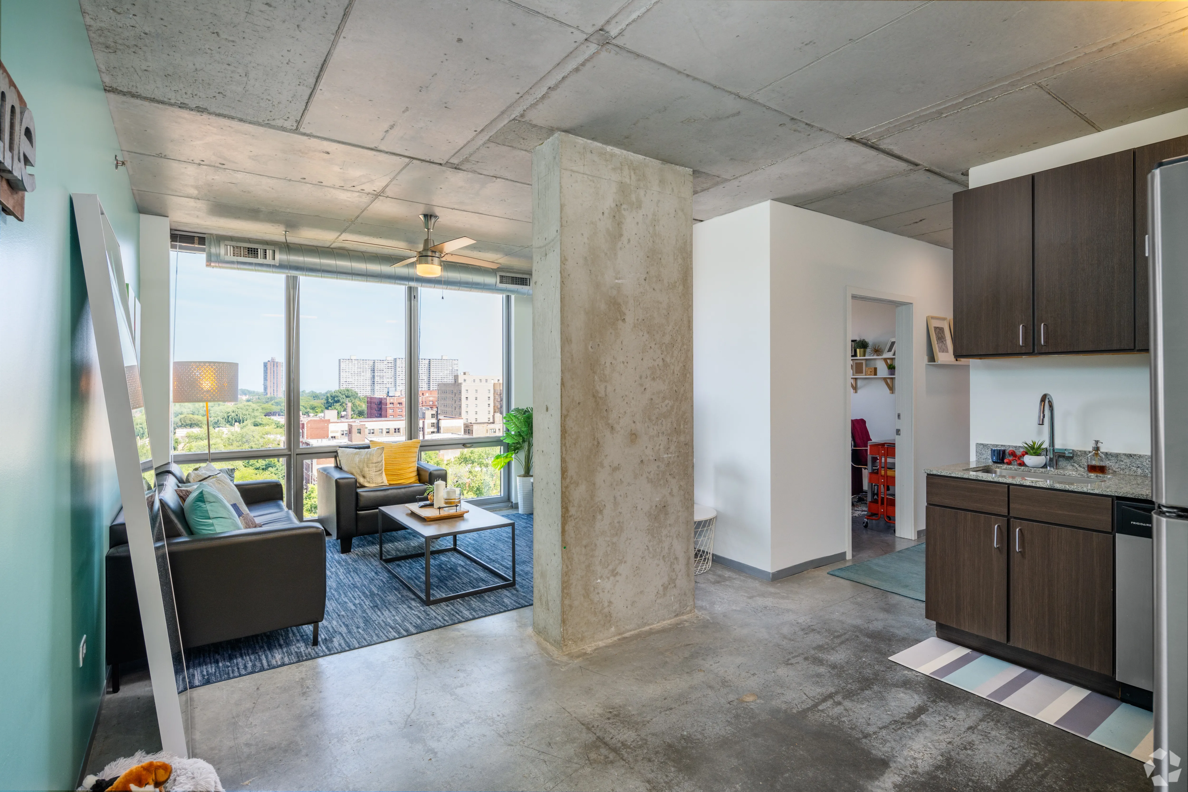 living room rendering at Vue53 Apartments  in Hyde Park Chicago