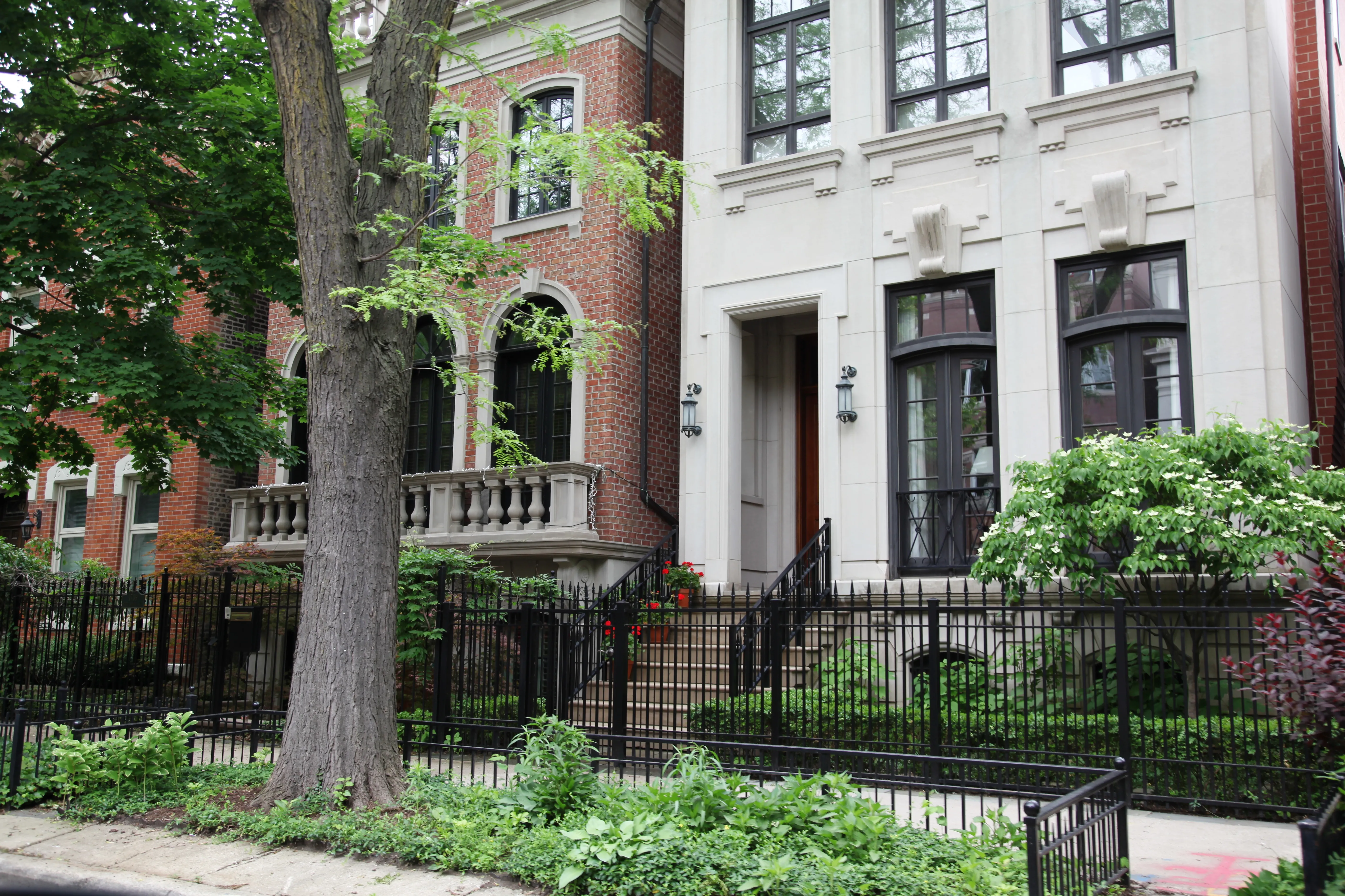 set of large brick homes on a side street in lincoln park chicago