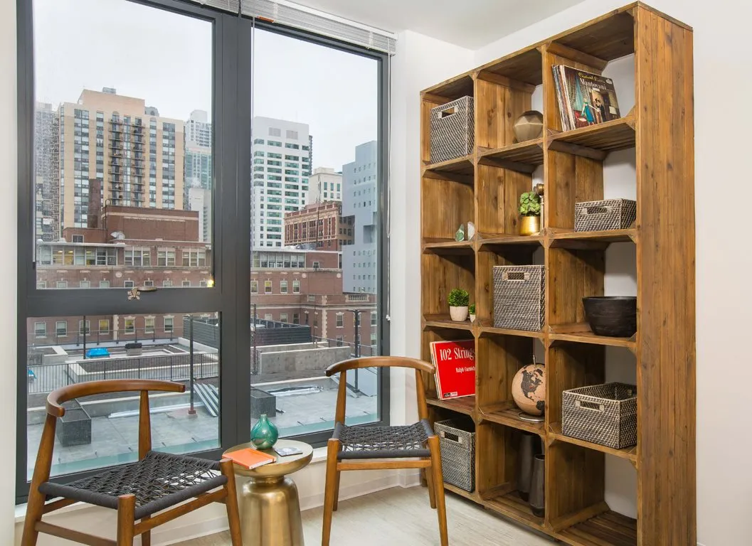 Exhibit on Superior Apartments in River North Chicago views with booksshleves