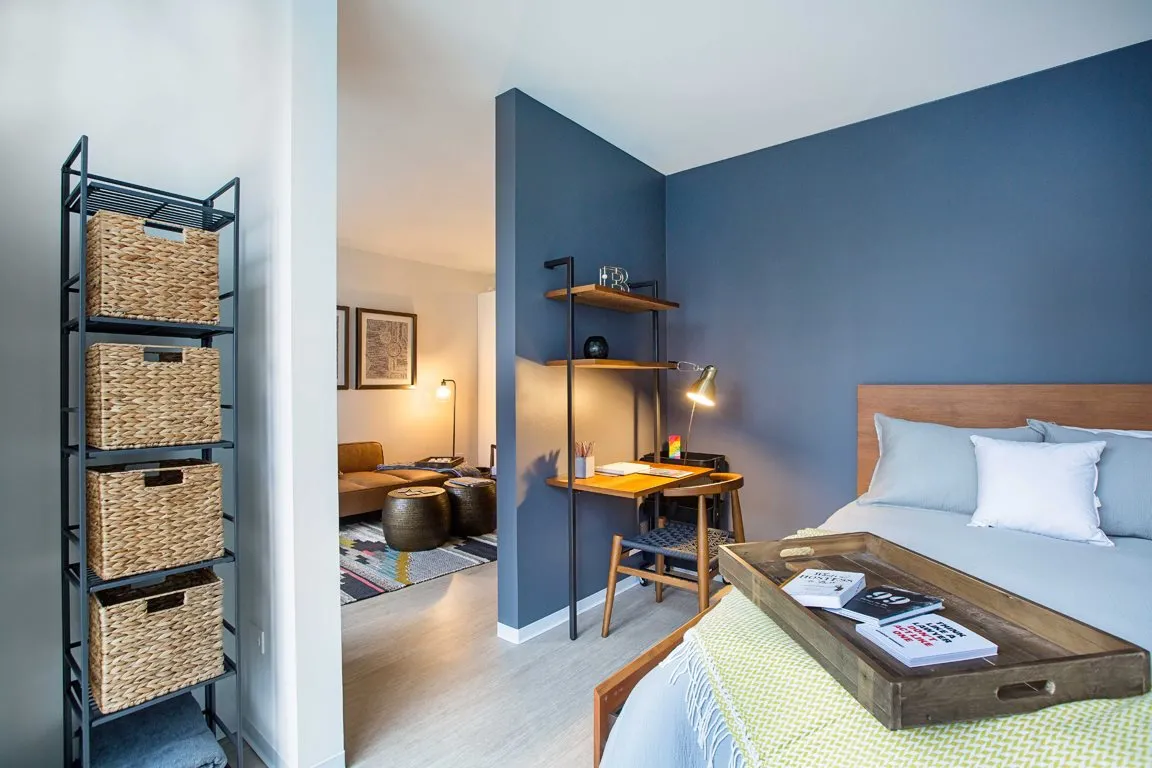 Exhibit on Superior Apartments in River North Chicago pan shot wide bedroom