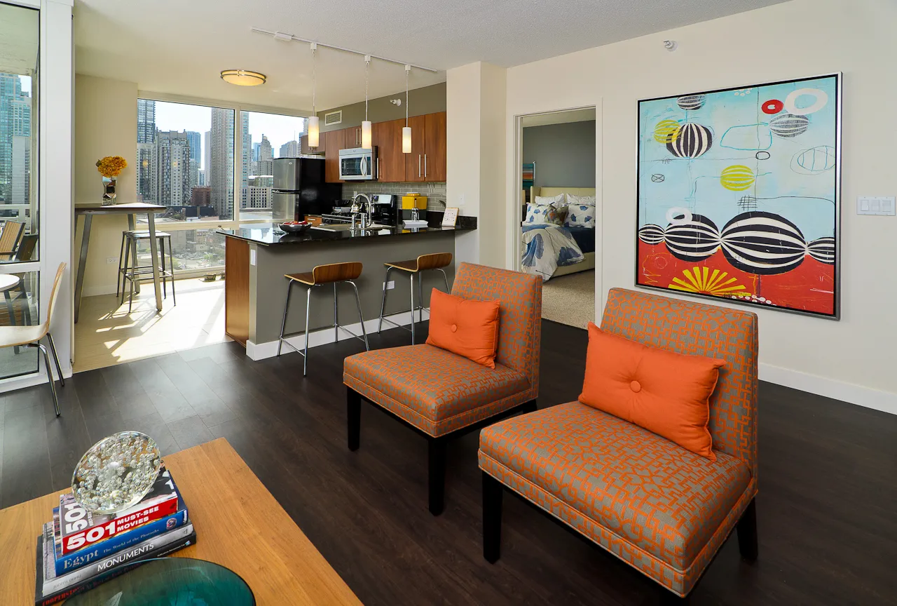 model unit with wood floors at Flair Tower Apartments in River North