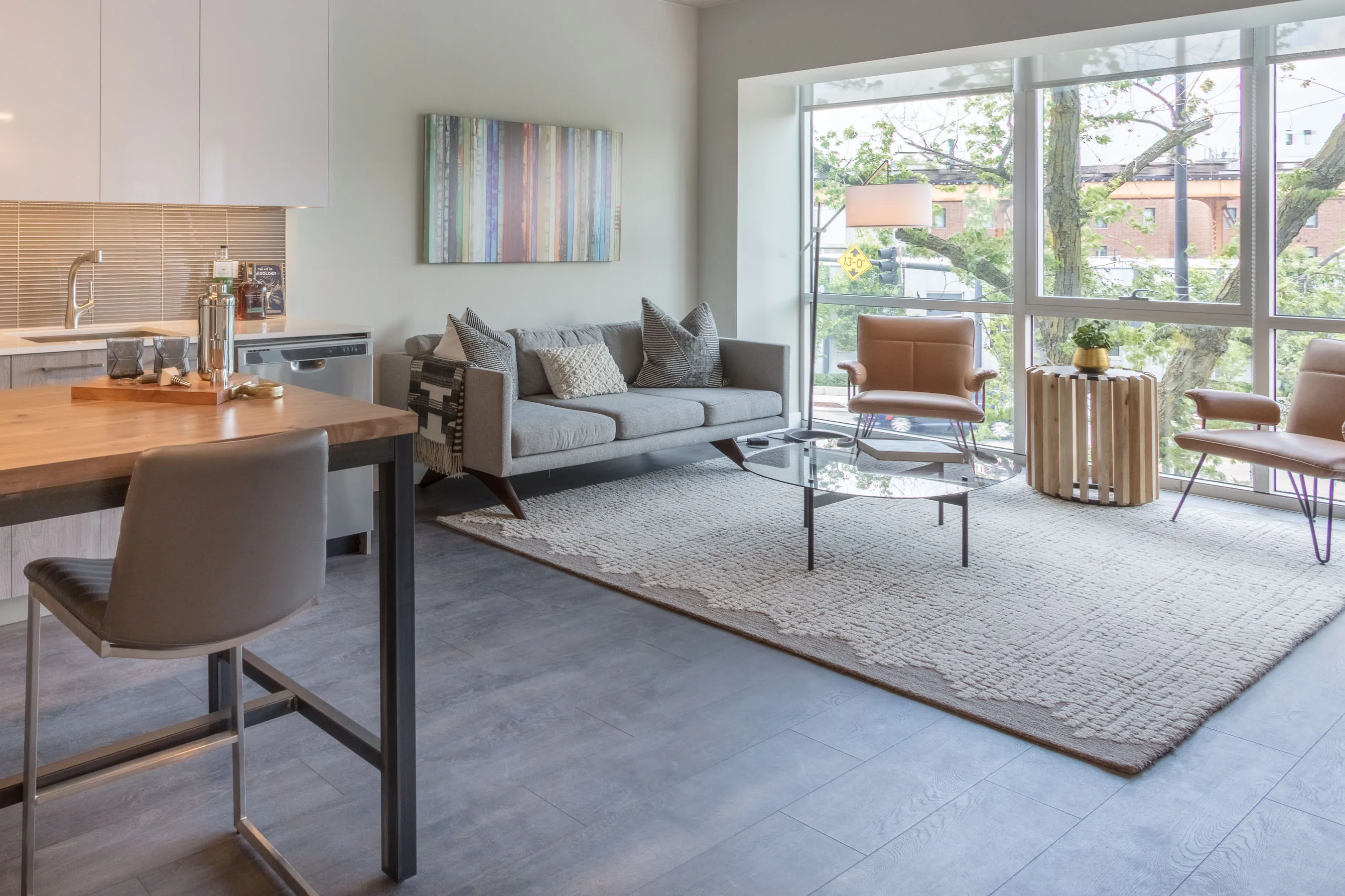 1 bedroom model kitchen and living area at Centrum Bucktown Apartments 