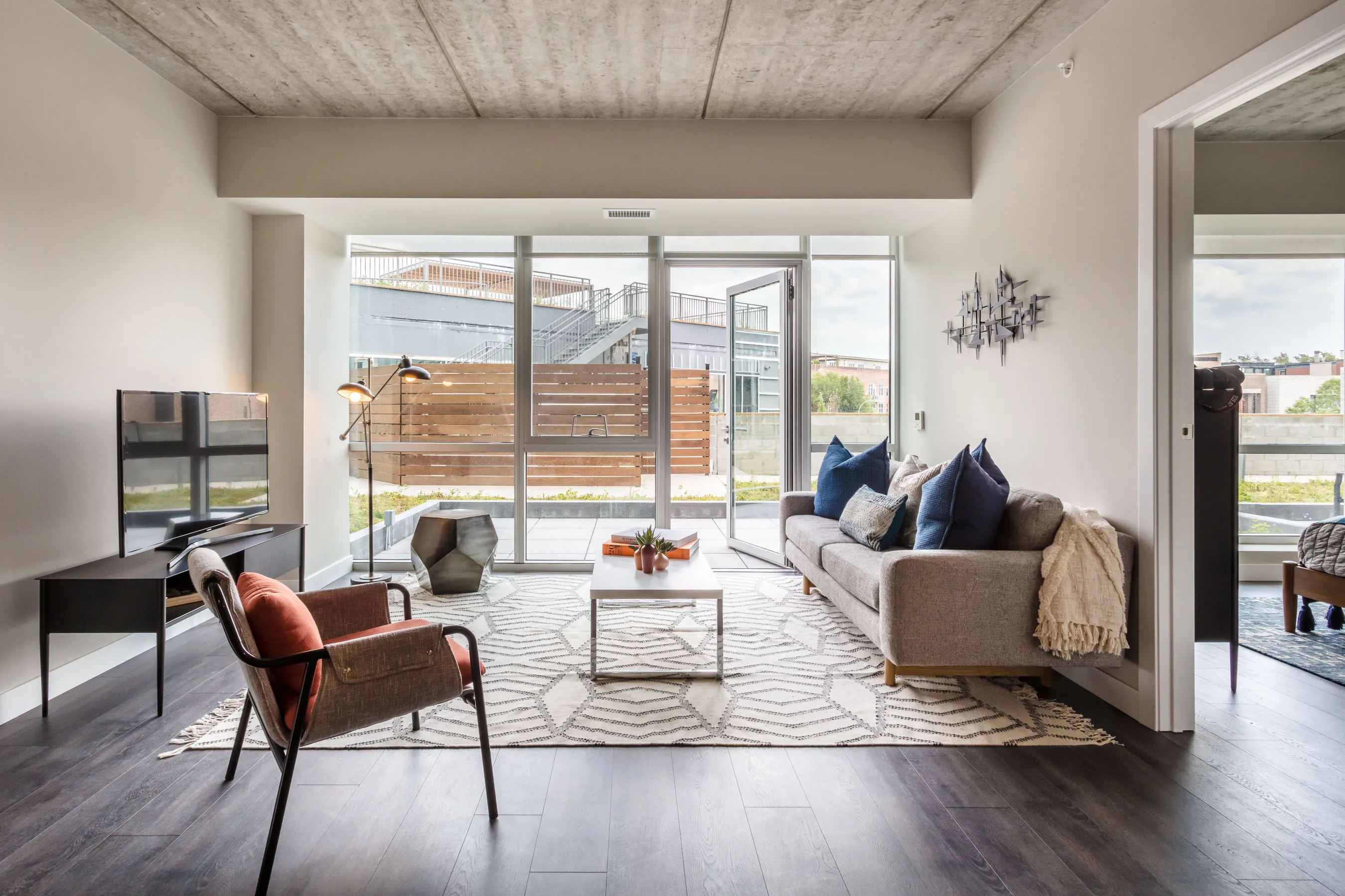 1 bedroom model kitchen and living area at Centrum Bucktown Apartments 