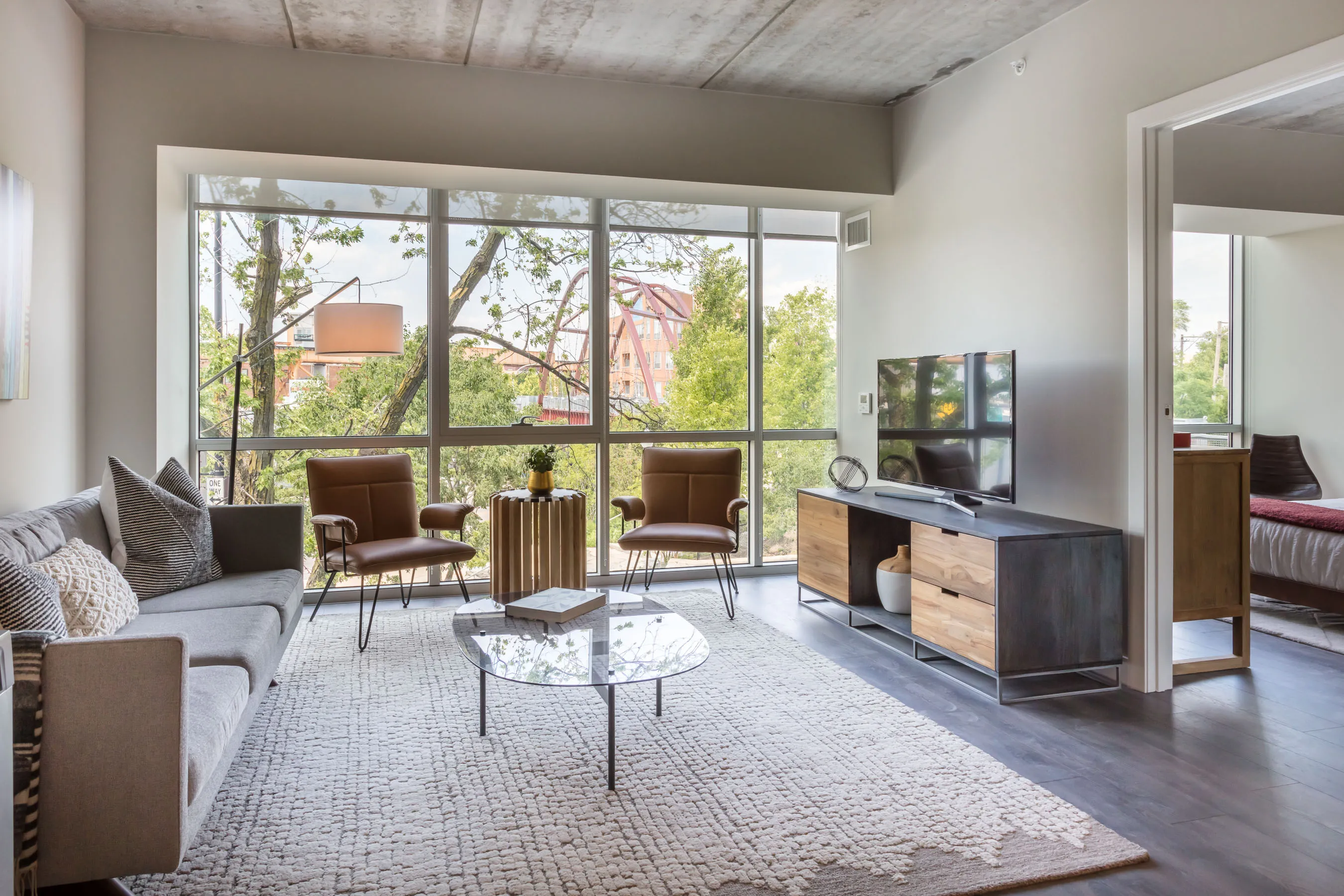 1 bedroom model kitchen and living area at Centrum Bucktown Apartments 