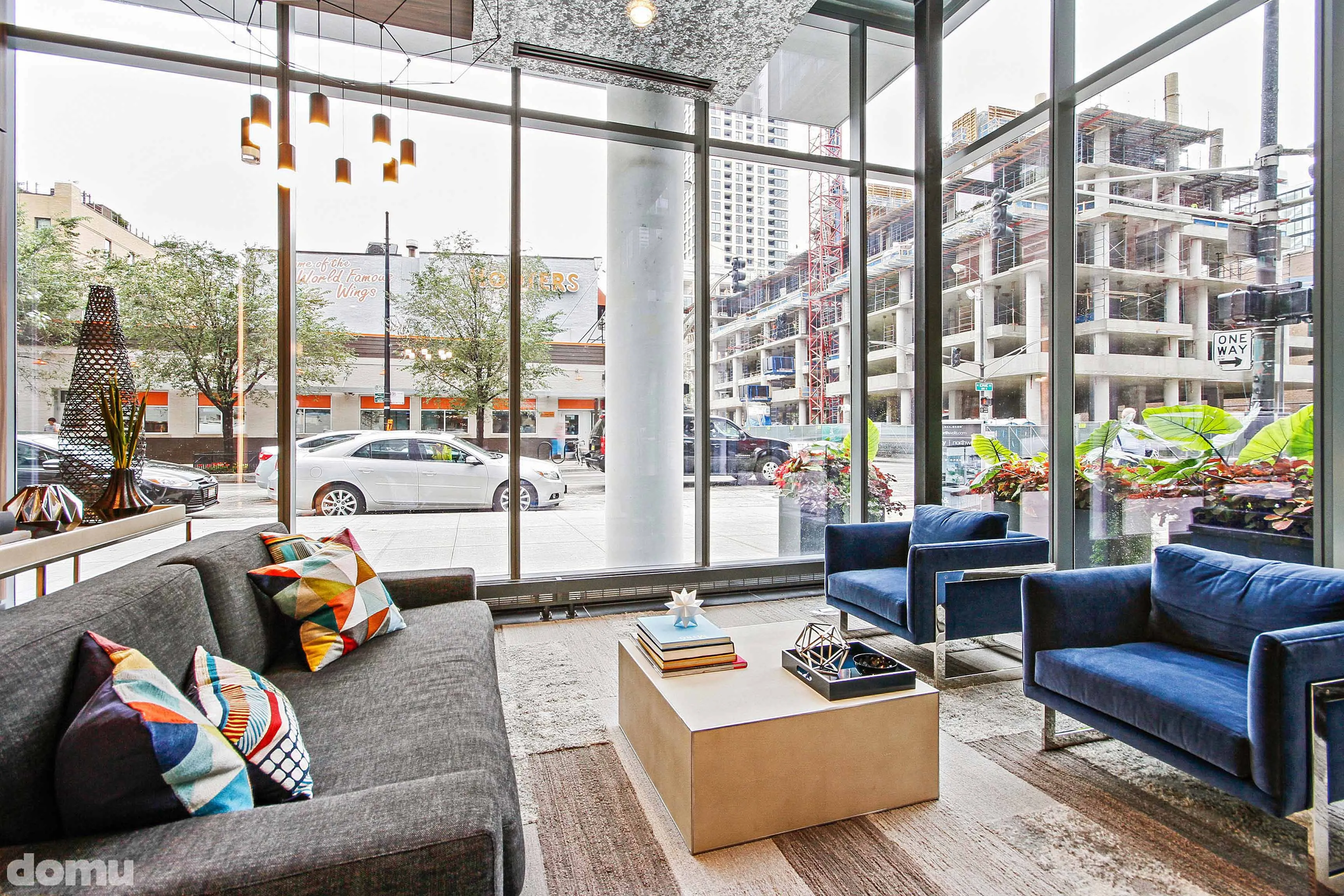living room model unit at 640 North Wells Apartments in River North Chicago