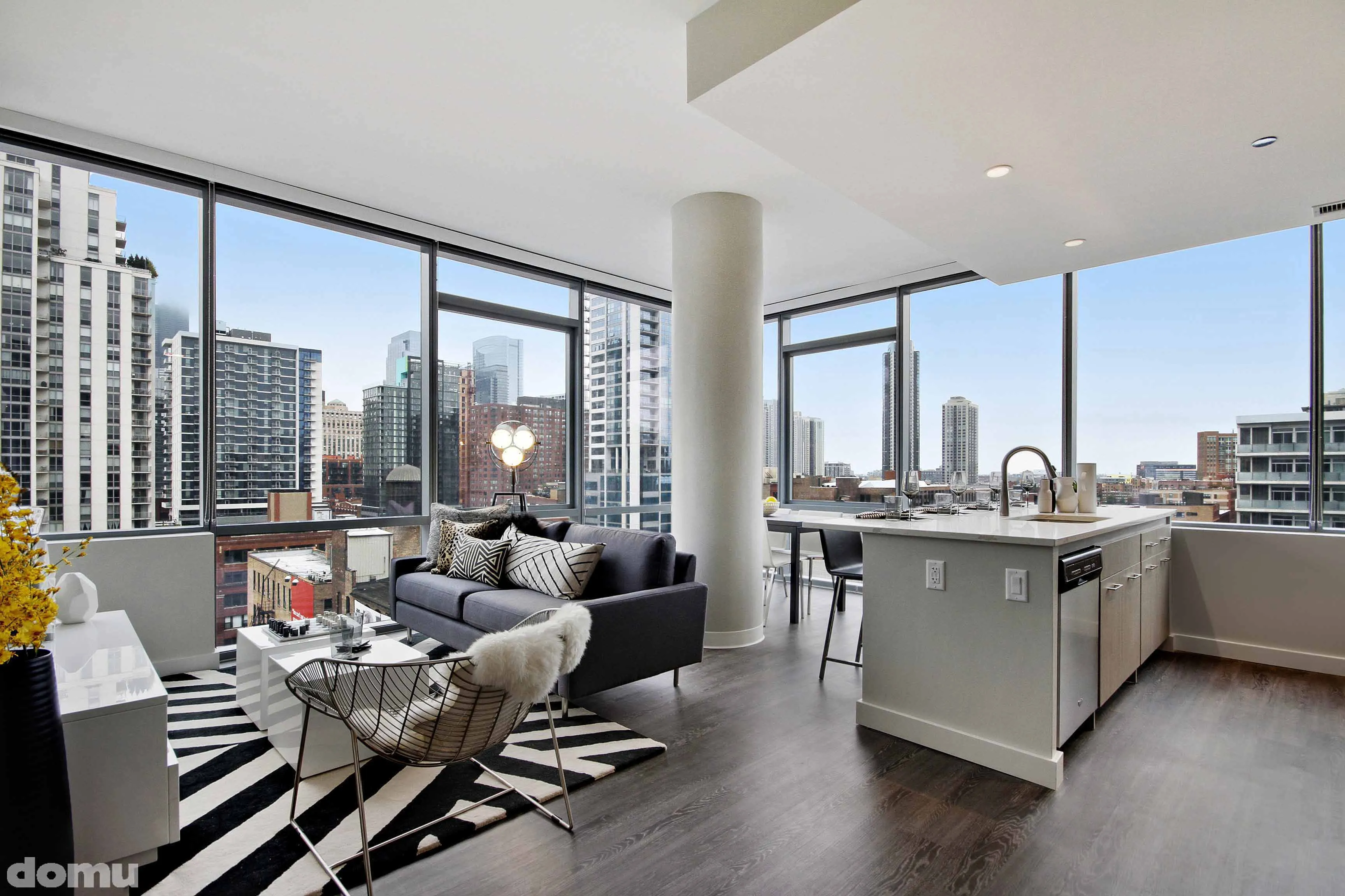living room model unit at 640 North Wells Apartments in River North Chicago