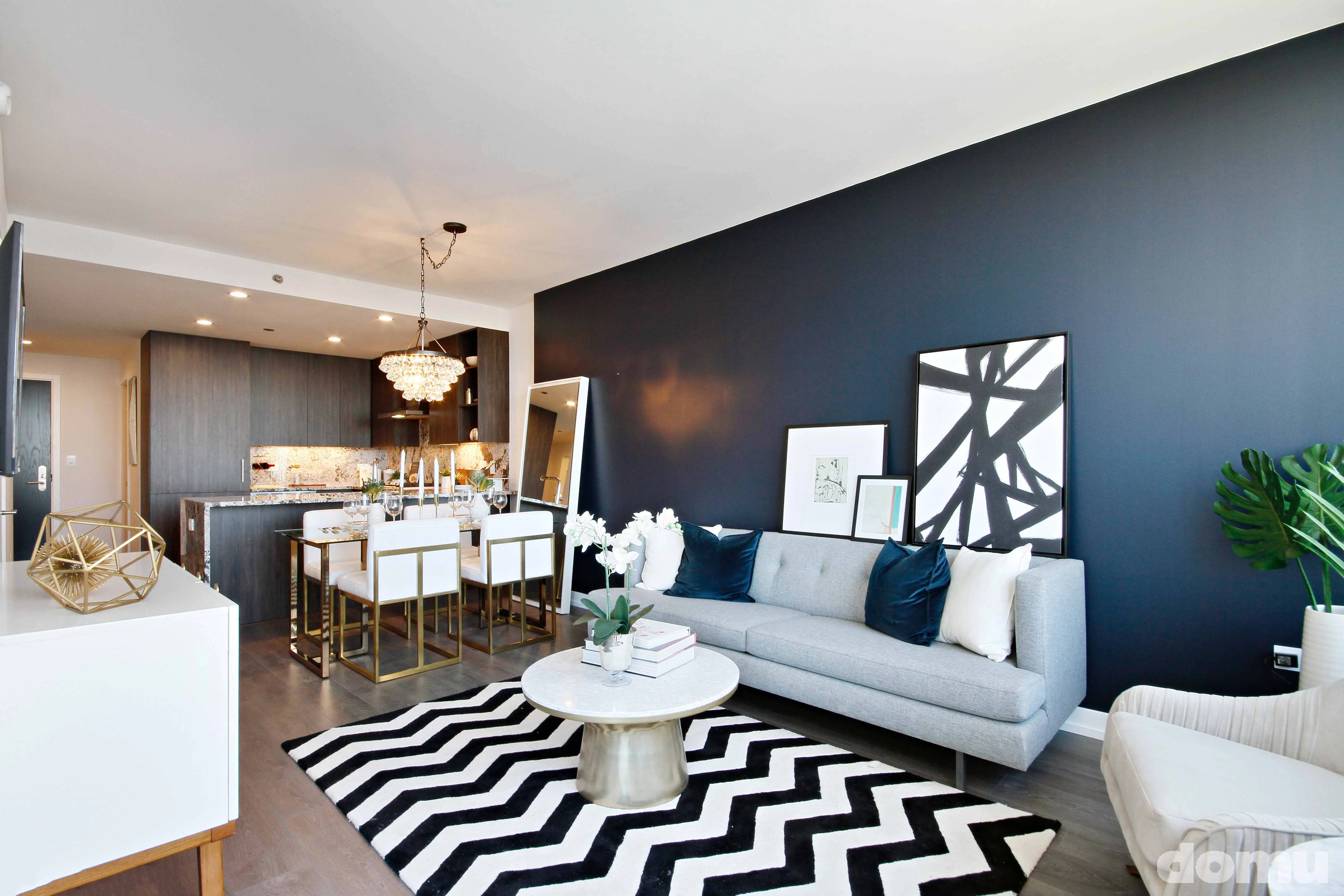 living room furnished at The Hudson Apartments in Chicago