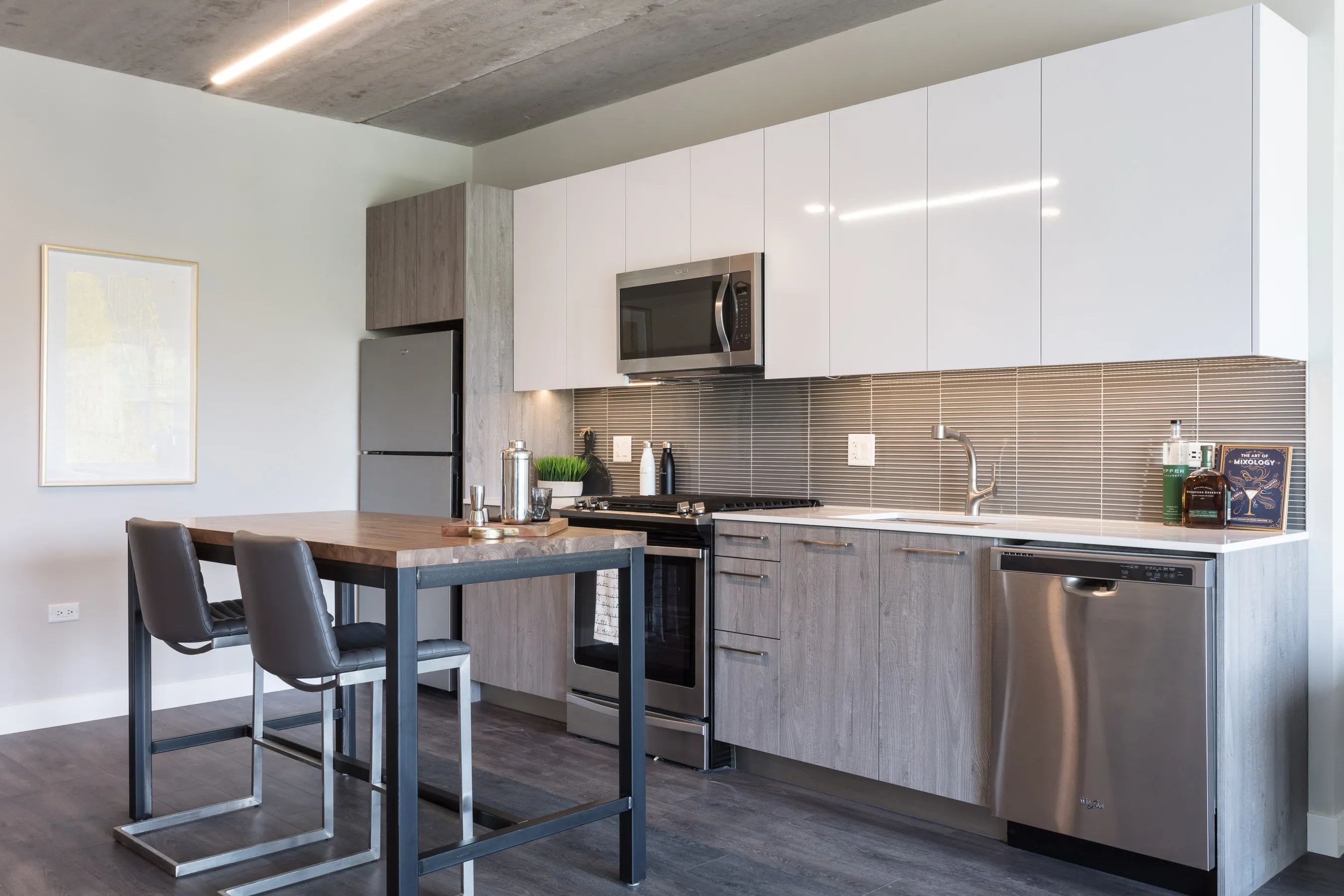 1 bedroom model kitchen and living area at Centrum Bucktown Apartments 