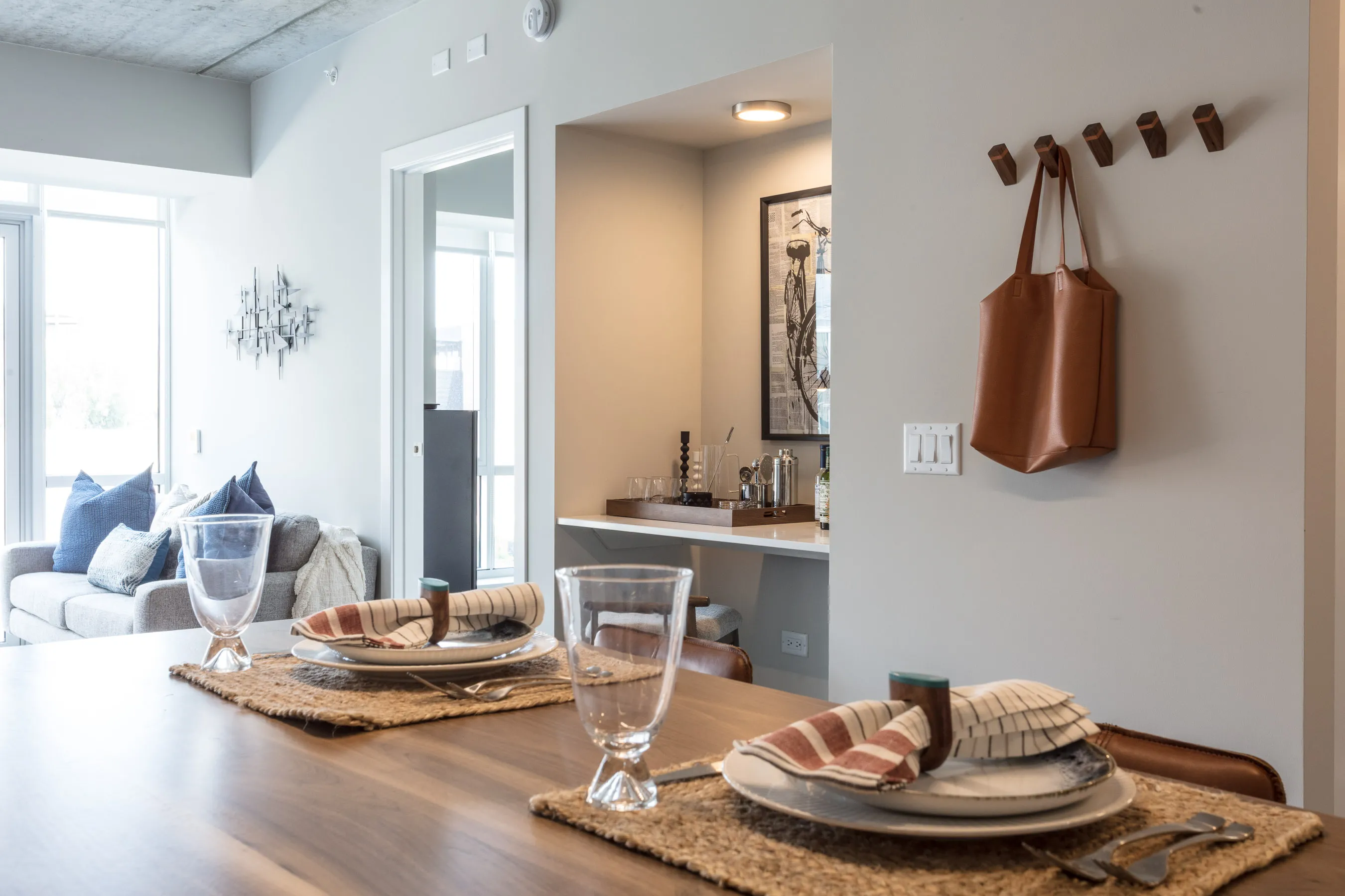 1 bedroom model kitchen and living area at Centrum Bucktown Apartments 