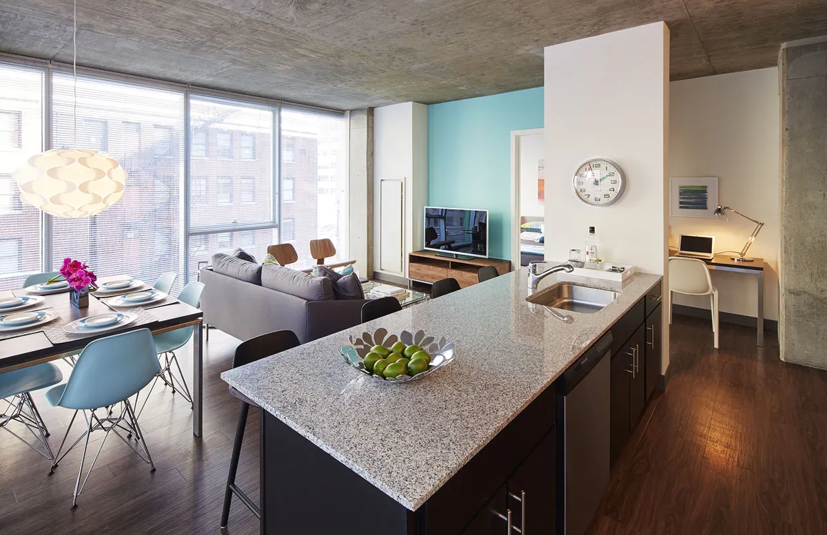 living room model apartment at JeffJack Apartments in the Chicago Loop