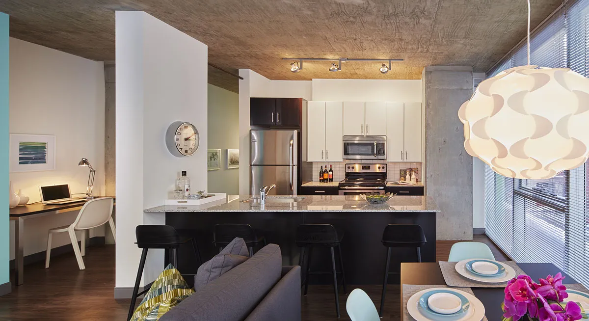 living room model apartment at JeffJack Apartments in the Chicago Loop