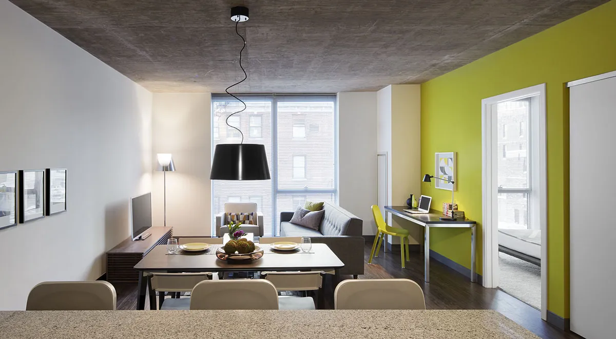 living room model apartment at JeffJack Apartments in the Chicago Loop