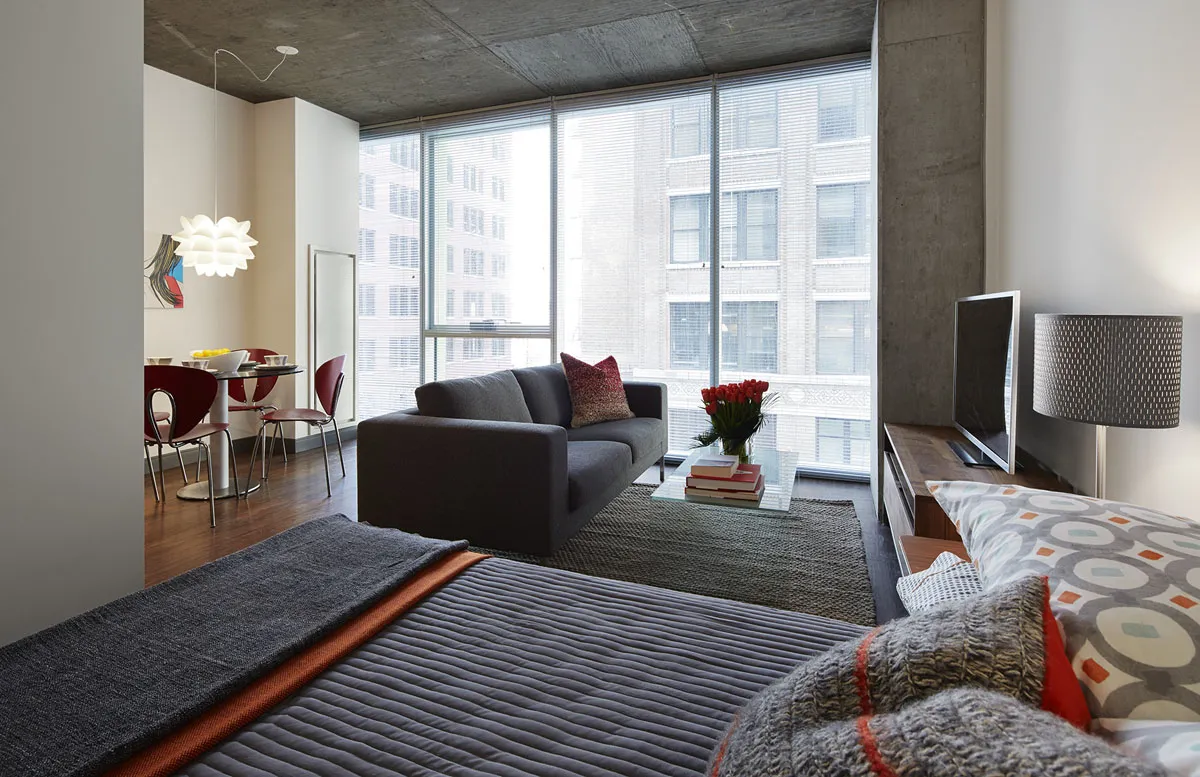 living room model apartment at JeffJack Apartments in the Chicago Loop