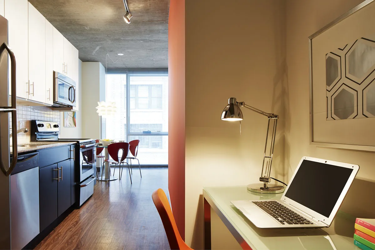 living room model apartment at JeffJack Apartments in the Chicago Loop