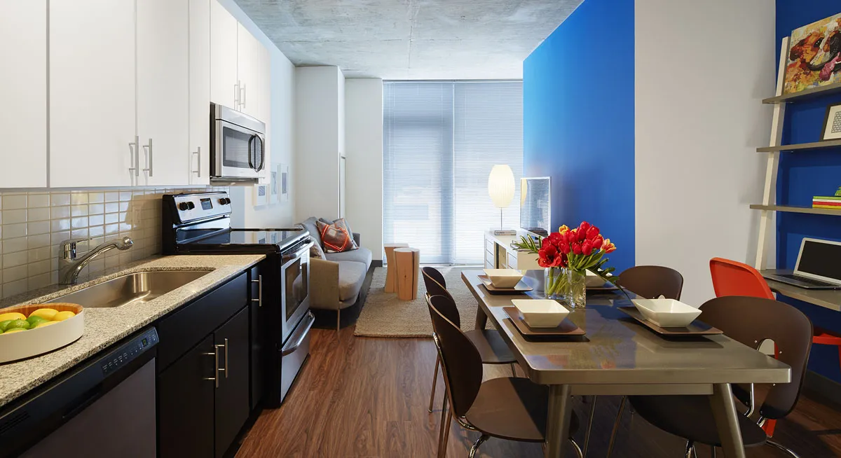 living room model apartment at JeffJack Apartments in the Chicago Loop
