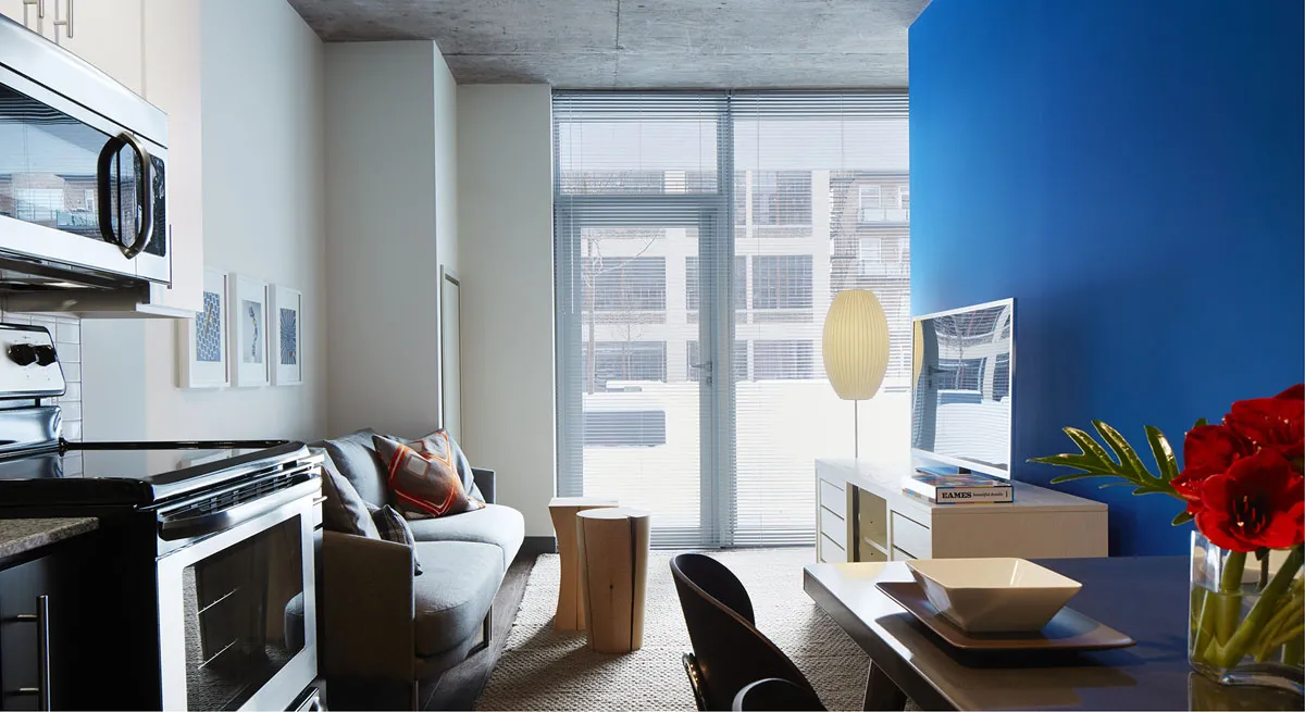 living room model apartment at JeffJack Apartments in the Chicago Loop