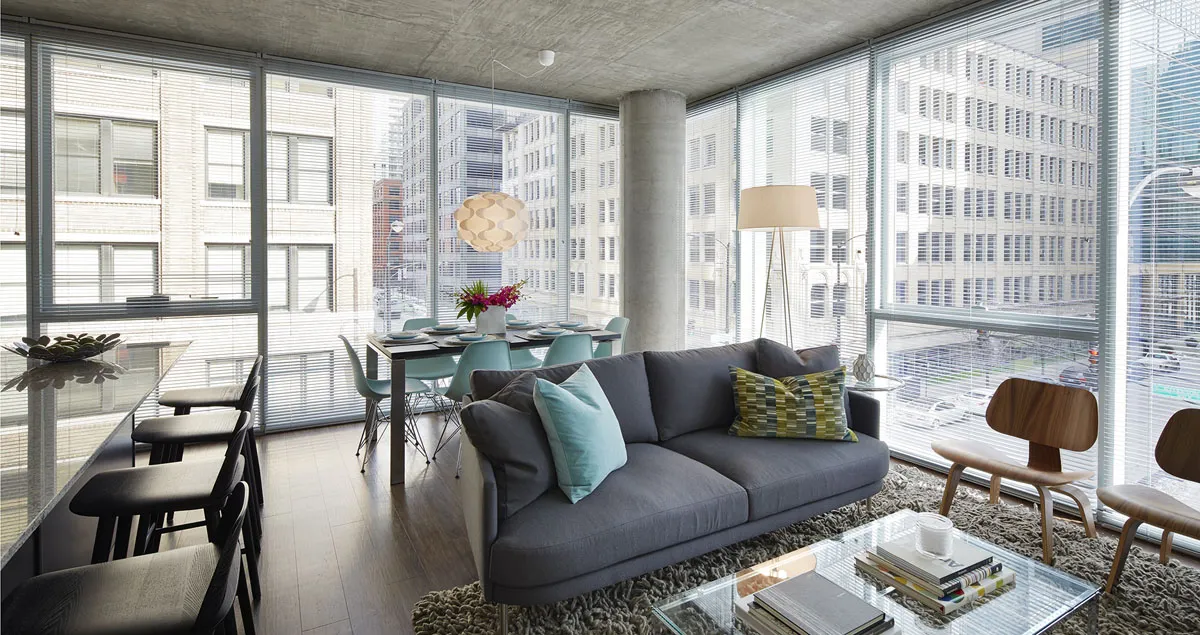 living room model apartment at JeffJack Apartments in the Chicago Loop
