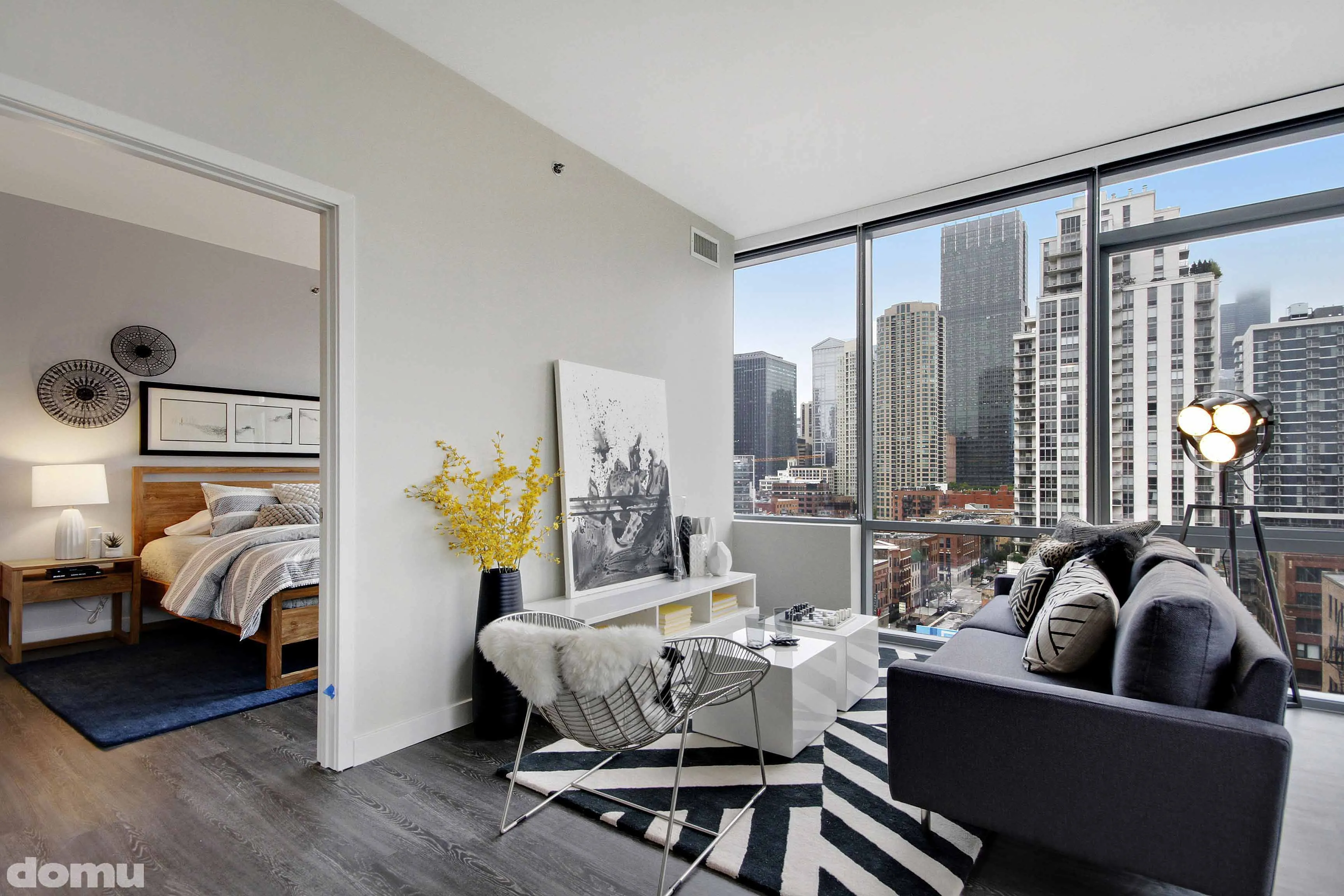 living room model unit at 640 North Wells Apartments in River North Chicago