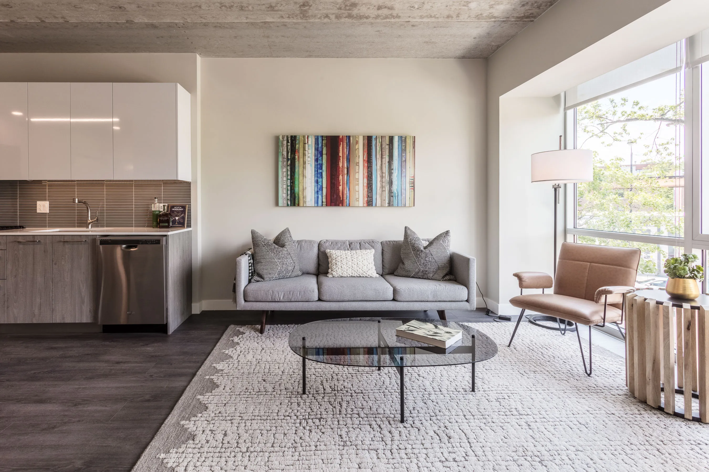 1 bedroom model kitchen and living area at Centrum Bucktown Apartments 