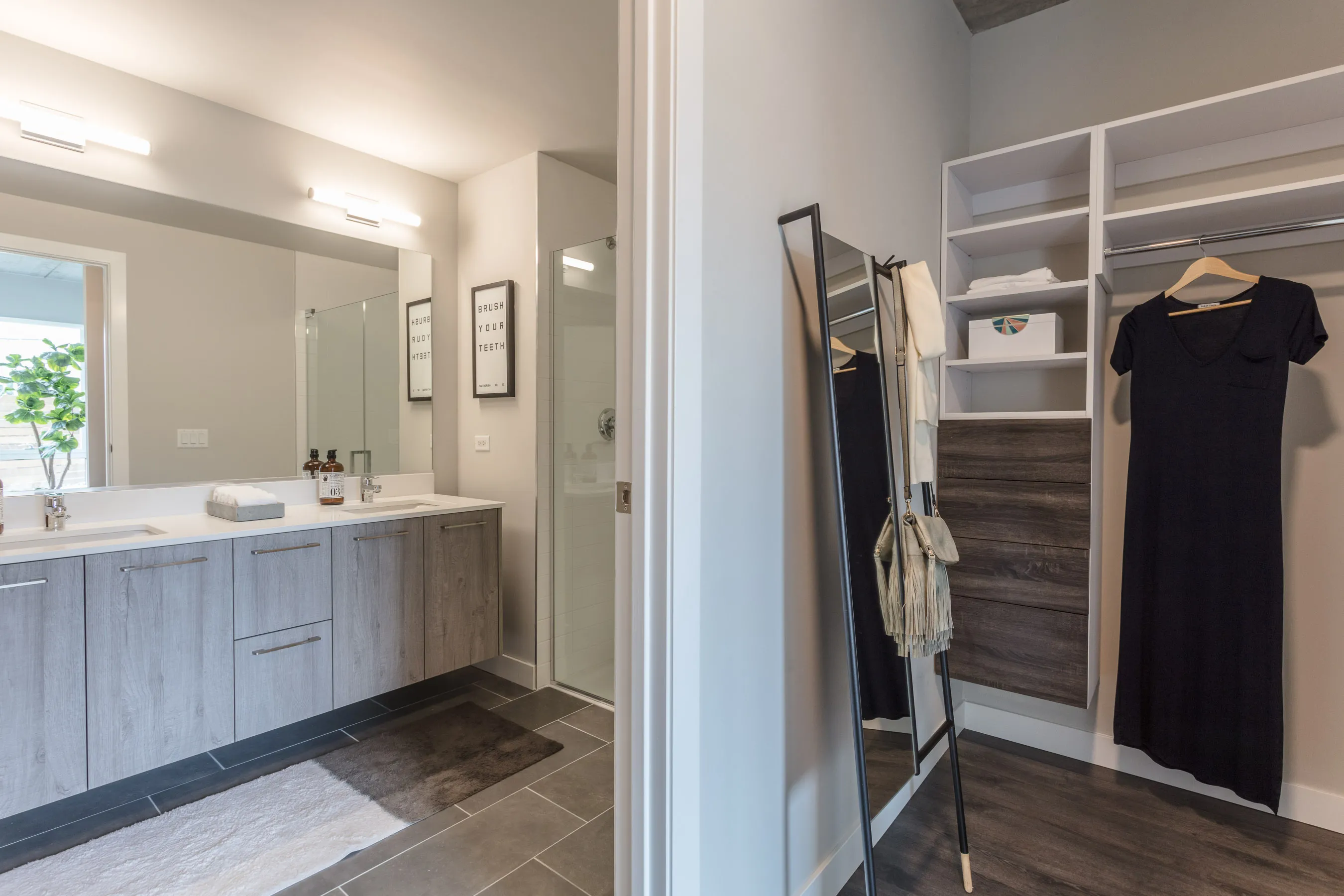 1 bedroom model kitchen and living area at Centrum Bucktown Apartments 