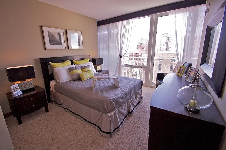 model unit with wood floors at Flair Tower Apartments in River North