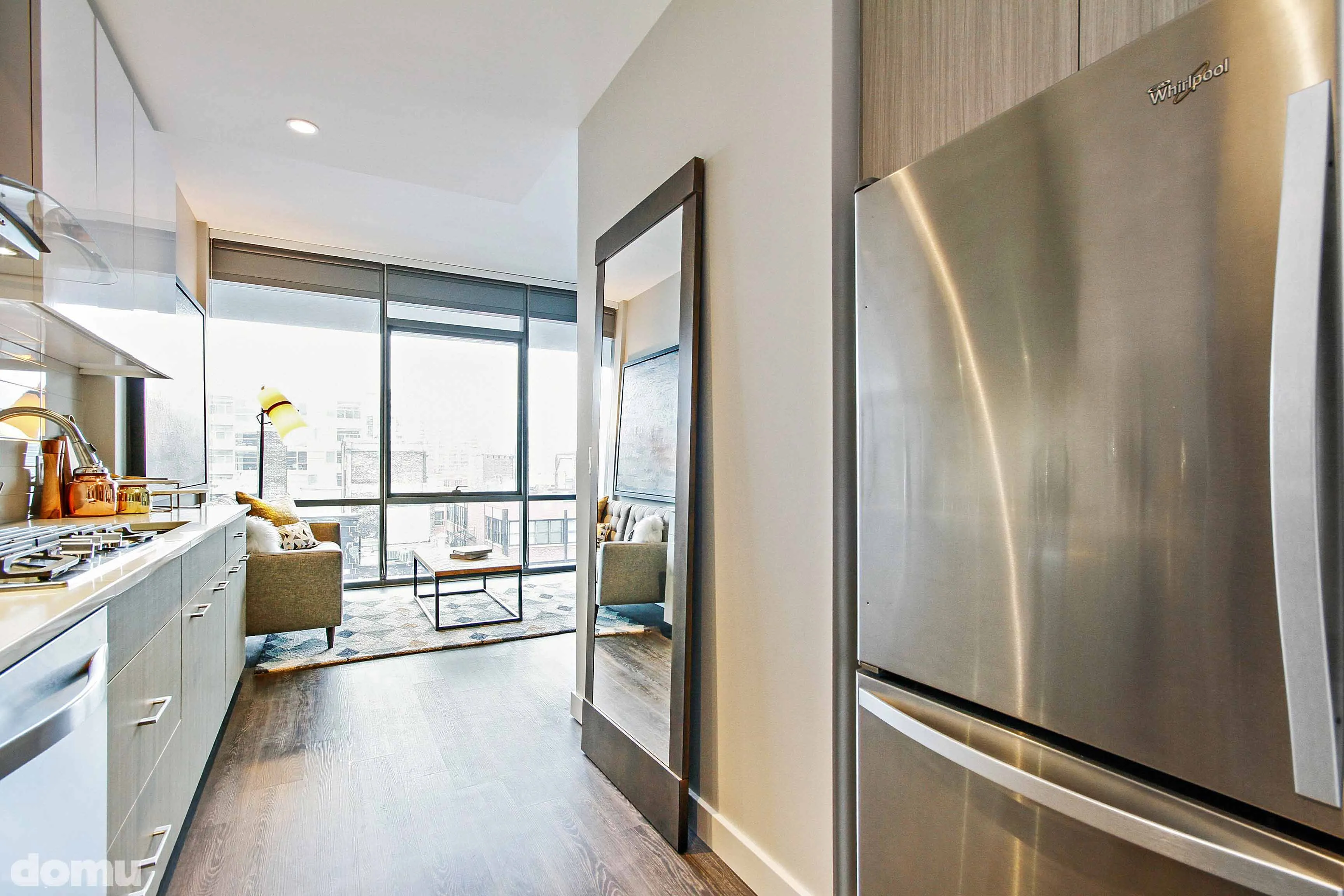 living room model unit at 640 North Wells Apartments in River North Chicago