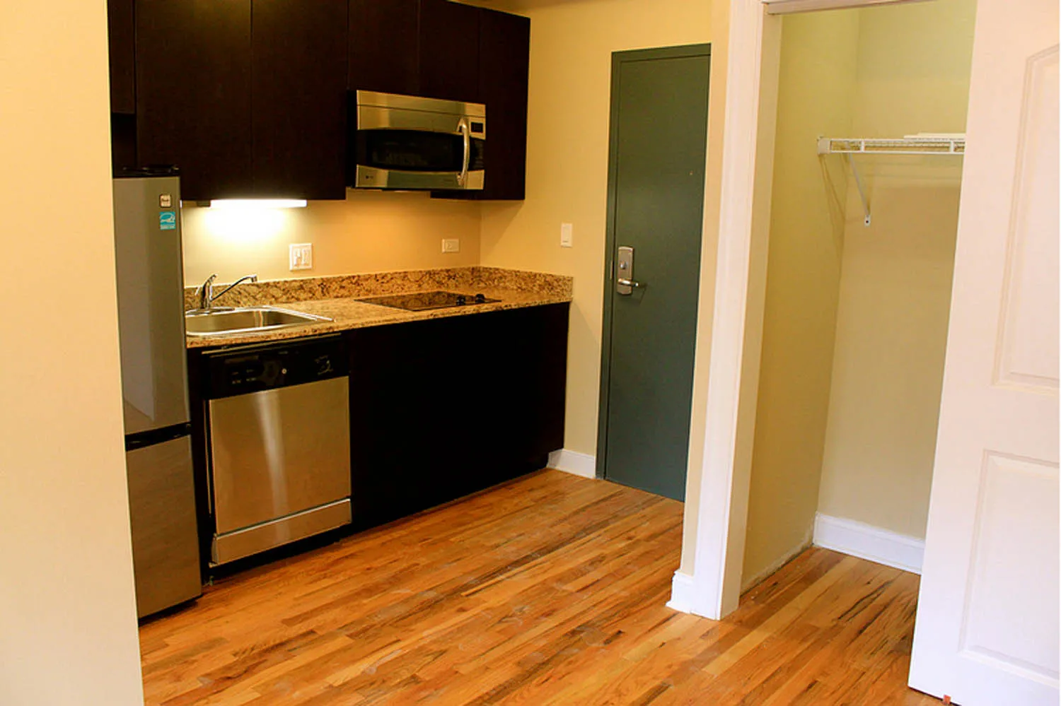 master bedroom model at 1632 W. Belmont Apartments in Lakeview Chicago