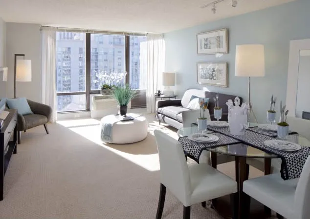 model furnished living room at Columbus Plaza Apartments