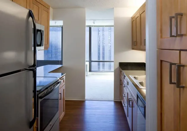 model furnished living room at Columbus Plaza Apartments