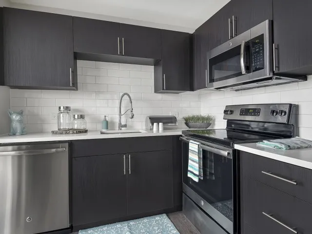 furnished model living room at One East Delaware Apartments