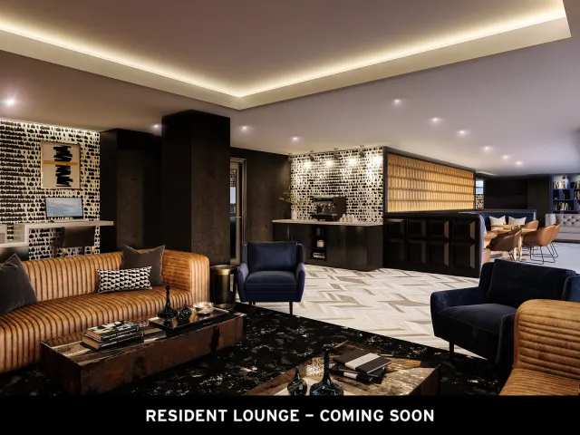 furnished model living room at One East Delaware Apartments