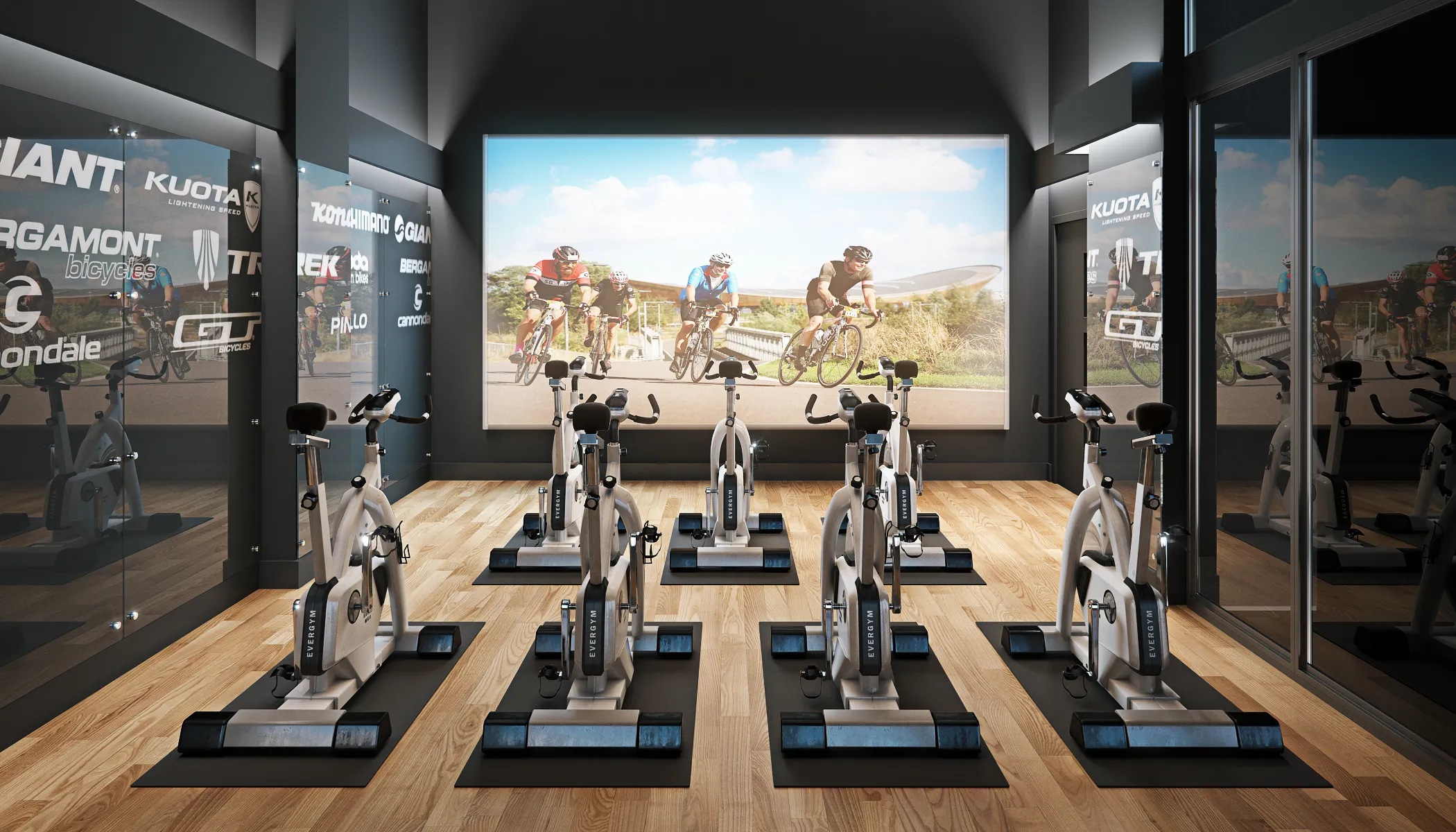 loft like model living room with view of skyline at Spoke Apartments