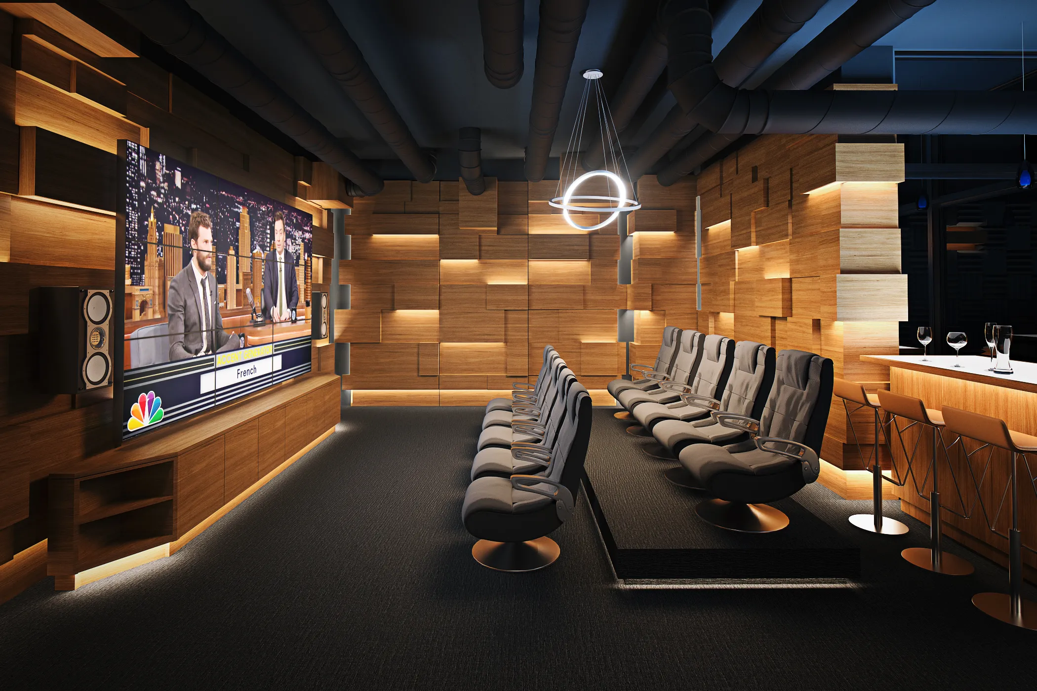 loft like model living room with view of skyline at Spoke Apartments