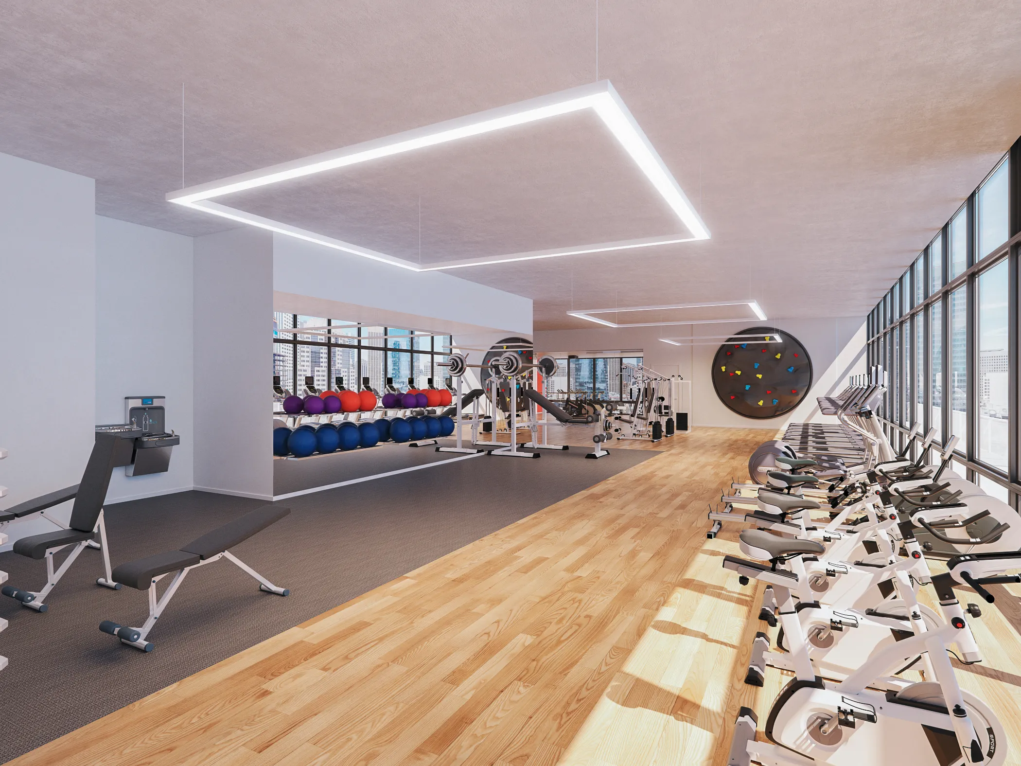 loft like model living room with view of skyline at Spoke Apartments