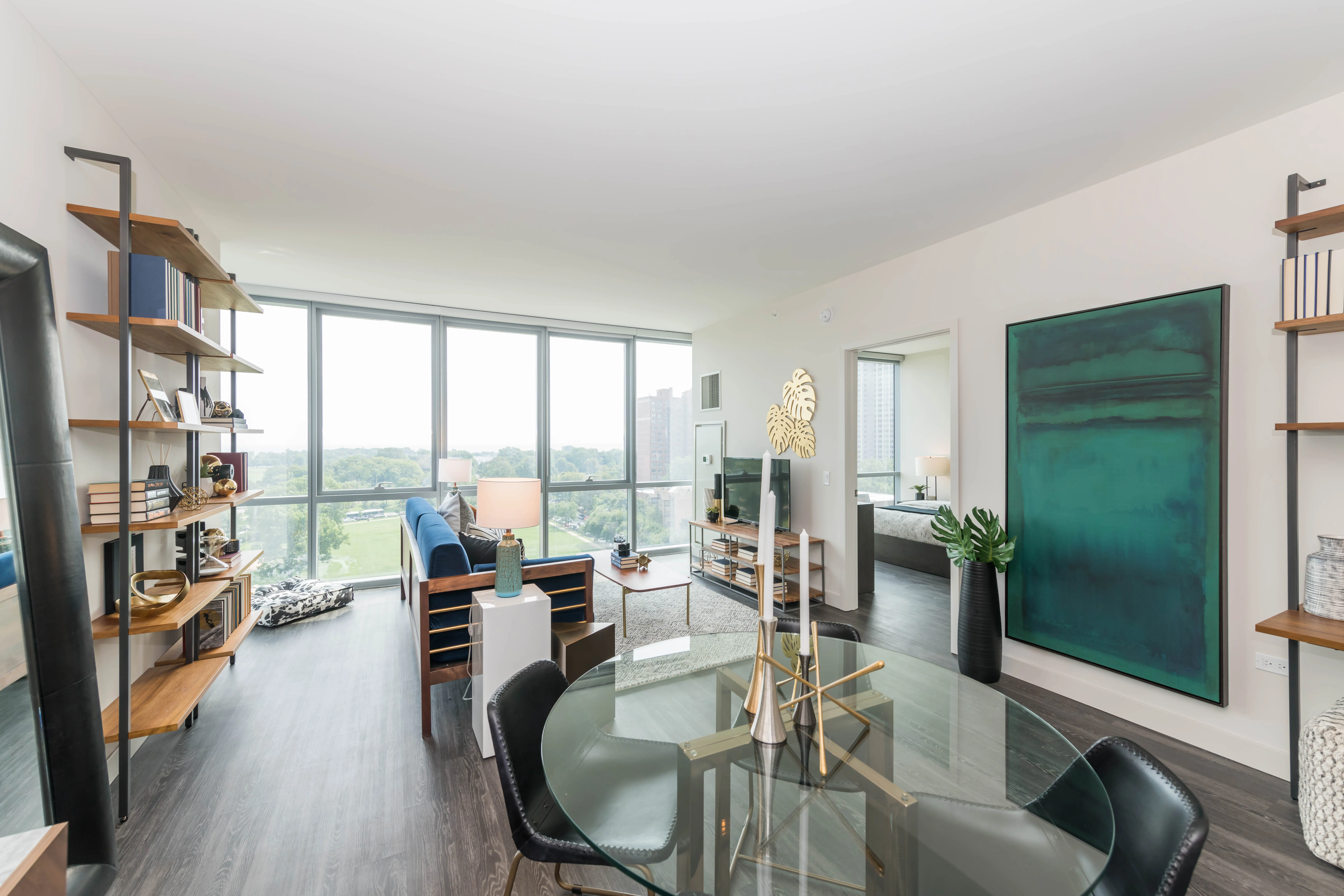 living room with view of Lake Michigan at Eight Eleven Uptown Apartments