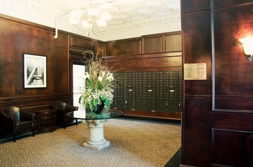 facade of the original historic The Mayfair Apartments in Hyde Park Chicago