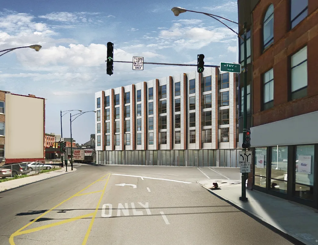 model kitchen with island at Linkt Apartments in River West