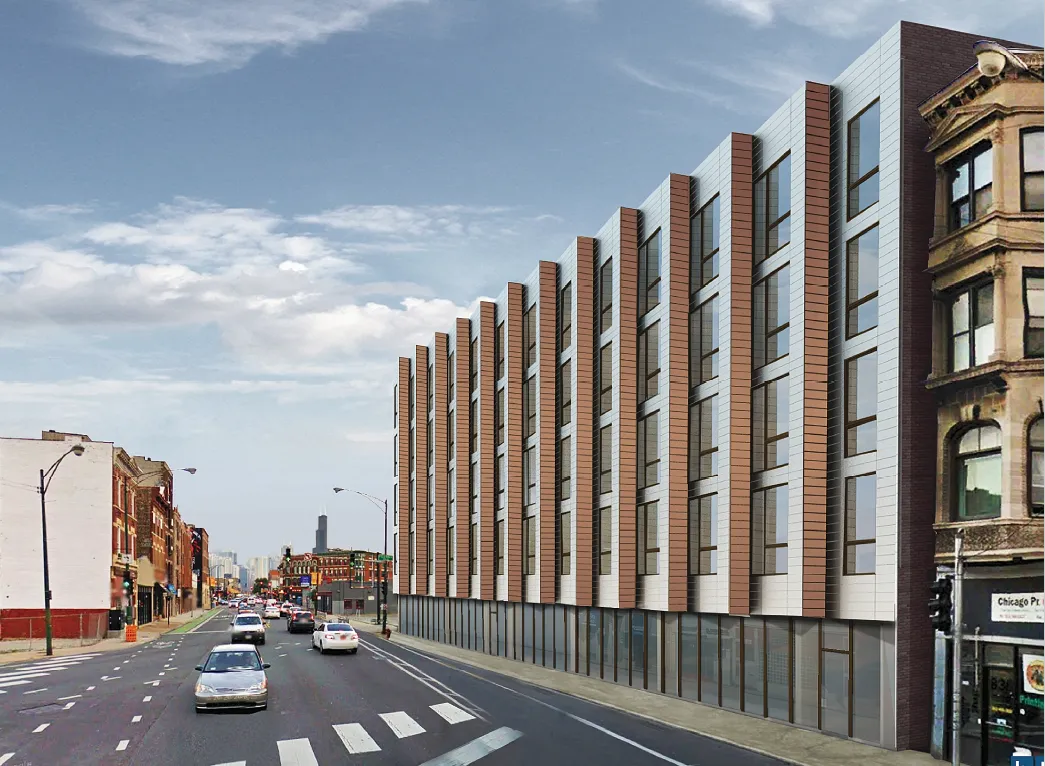 exterior on Chicago Avenue of Linkt Apartments