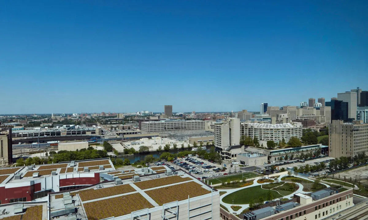 living room and skyline view at 1000 South Clark Apartments