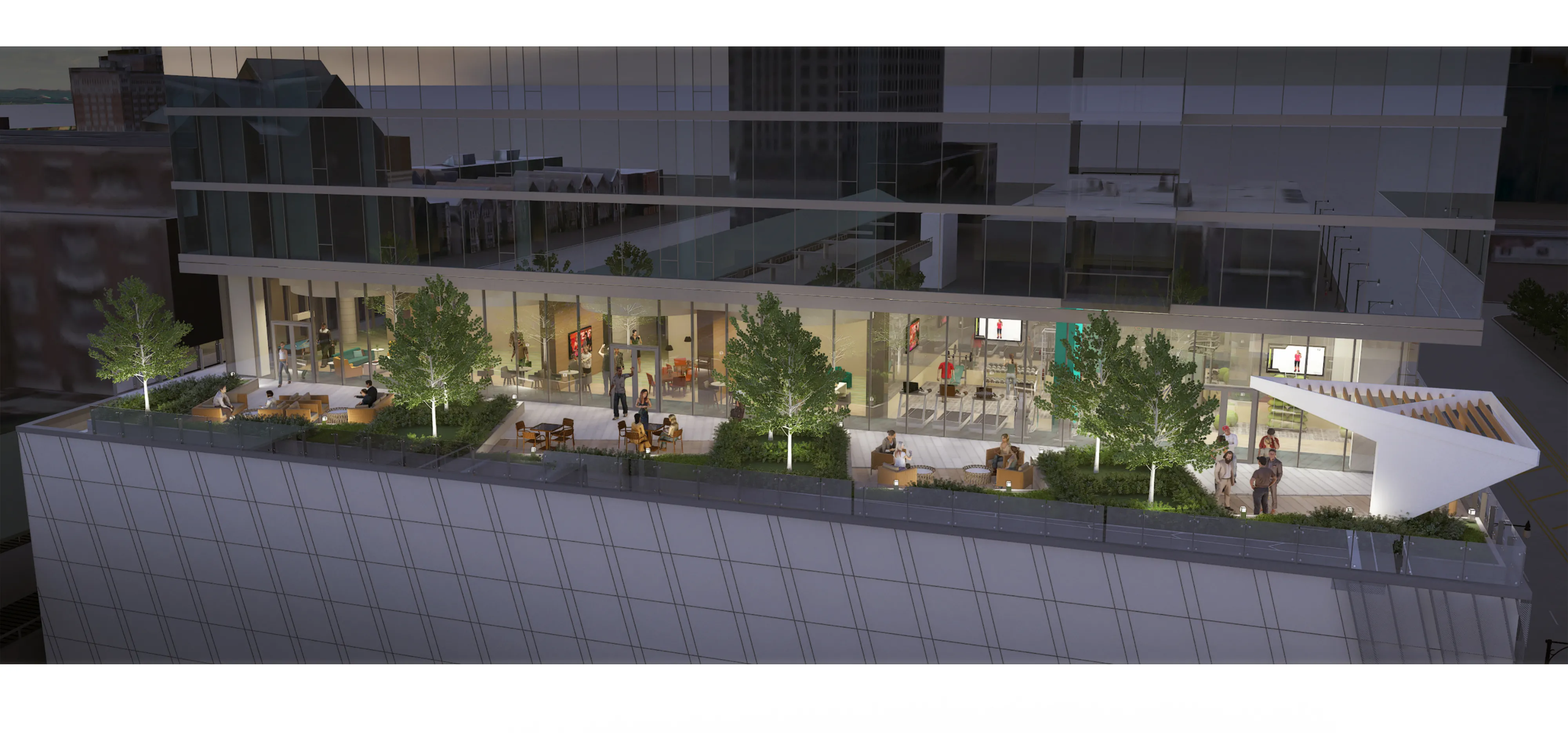 kitchen island, living area and view of the lake at Eleven40 Apartments