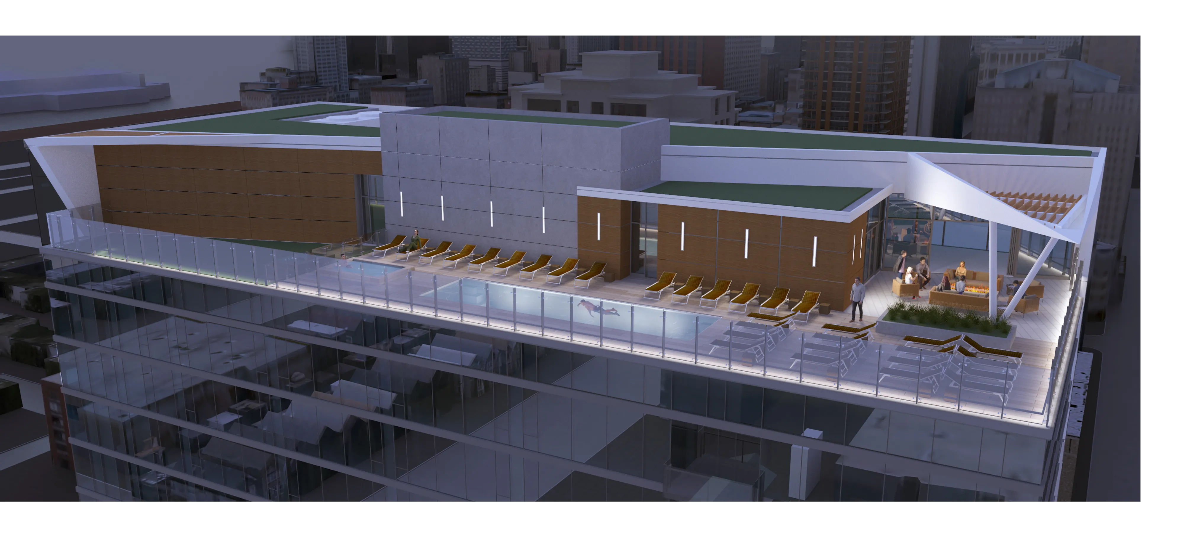 kitchen island, living area and view of the lake at Eleven40 Apartments