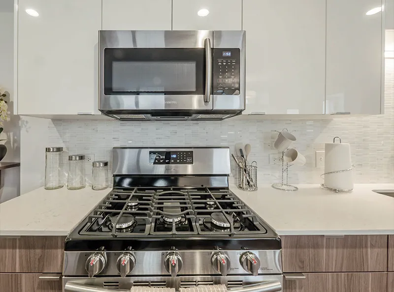 living area in model unit at The Hensley Apartments in Chicago